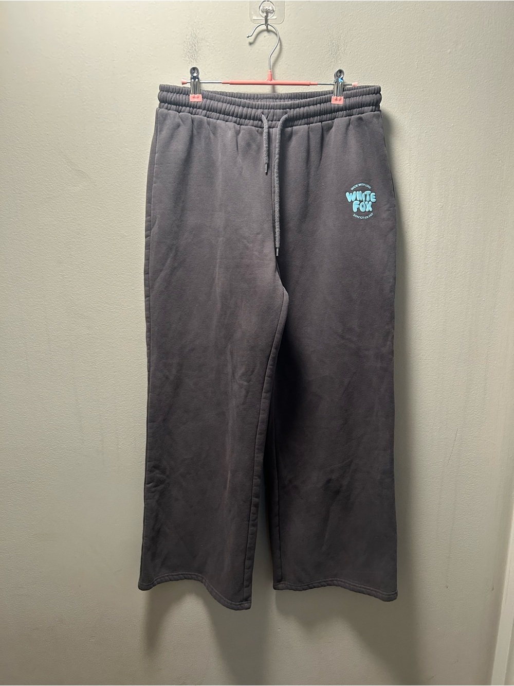 White Fox Boutique Women's Wide Leg Sweatpants in Charcoal with Teal Logo